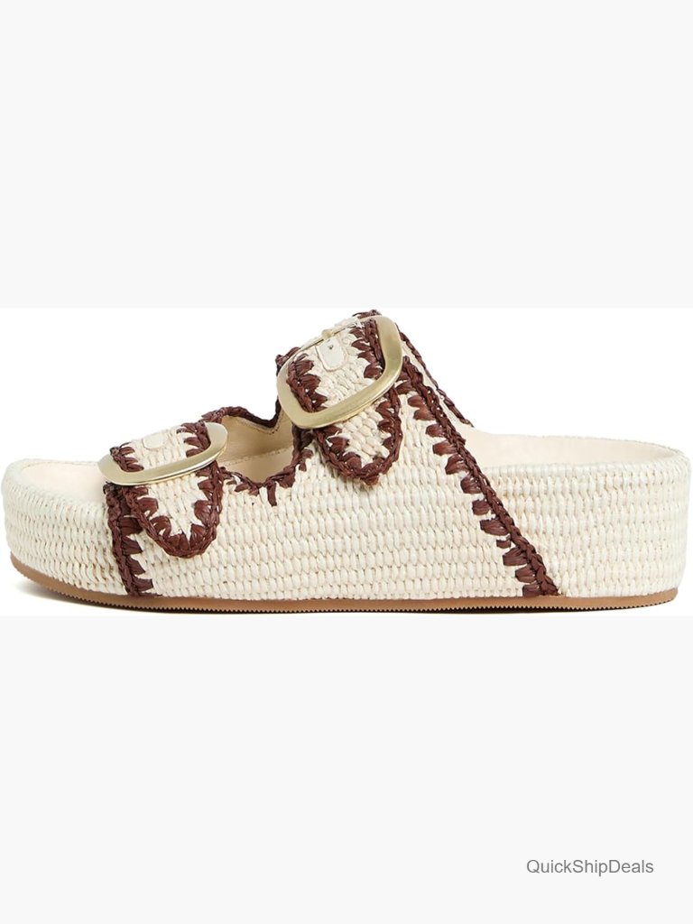 Raffia Platform Sandals Woven Straw Slide Adjustable Buckle Strap Comfortable